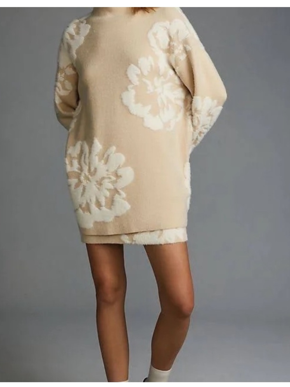 Beige Floral Knit with Ivory Blooms Sweater Skirt Set by Anthropologie